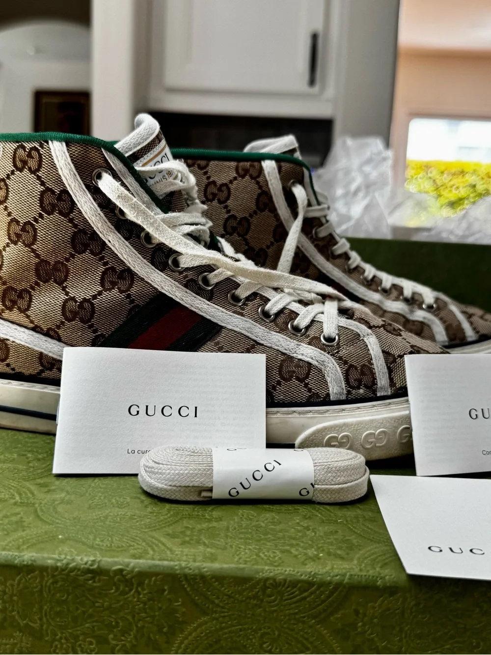Gucci Beige GG Canvas High-Top Sneakers with Green and Red Web